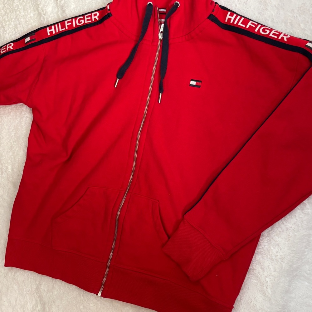 Streetwear casual Tommy Hilfiger Men’s Red Full zip up Hoodie with Logo XL - Picture 3 of 12